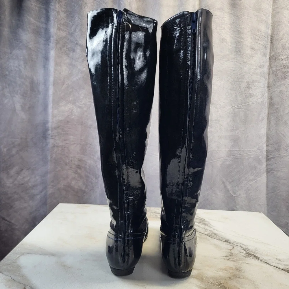 Lanvin Patent Leather Knee High Back Zip Boots Dark Blue Women's Size 6
